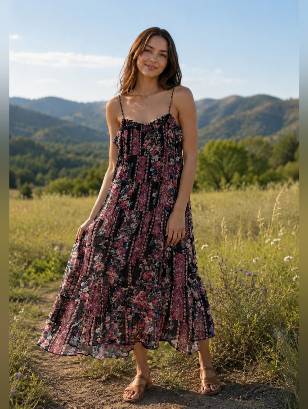 Free People Patchwork Floral Stripe Panel Tiered Strappy Midi Dress S